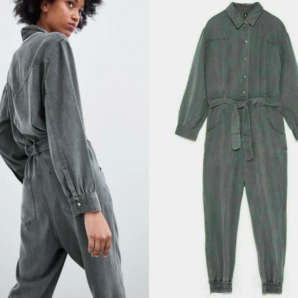 NWT Zara Grey Jumpsuit buttoned with waist tie and elastic hems, Small - Picture 5 of 14